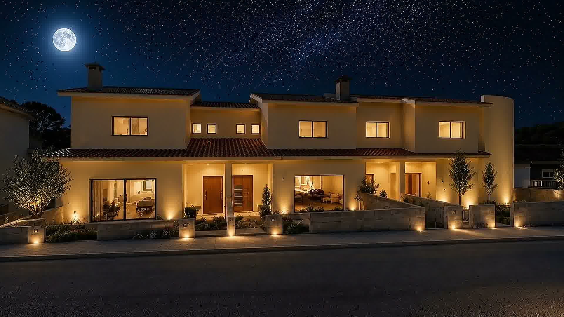 Visualização exterior noturna do projeto residencial